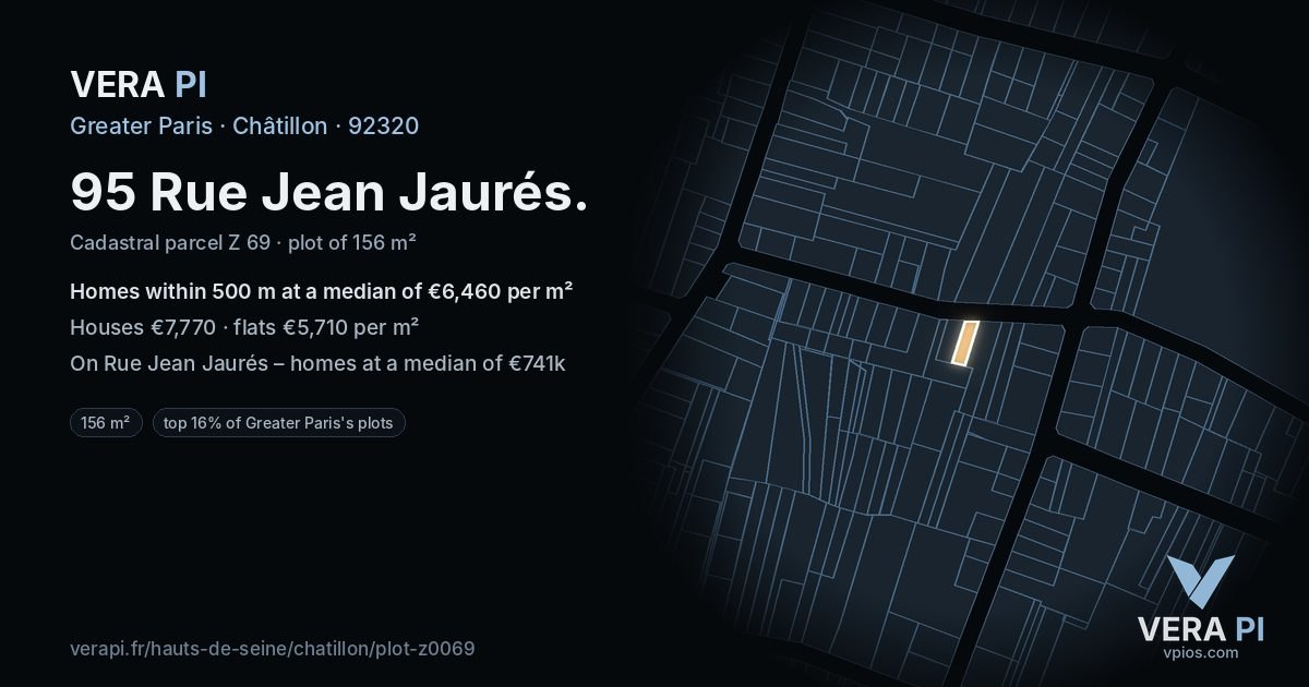 95 Rue Jean Jaurés, Châtillon at night – the plot lit, the parcels around coloured by the prices near them