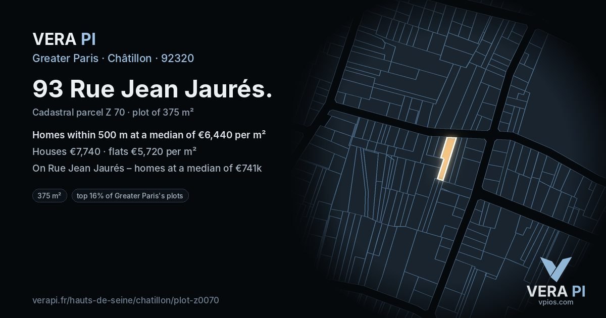 93 Rue Jean Jaurés, Châtillon at night – the plot lit, the parcels around coloured by the prices near them