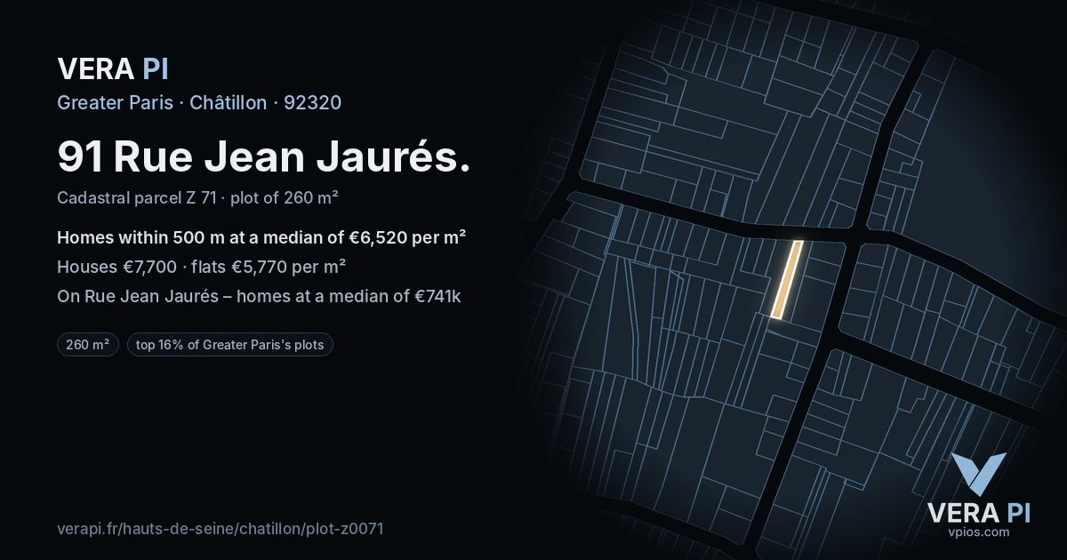 91 Rue Jean Jaurés, Châtillon at night – the plot lit, the parcels around coloured by the prices near them