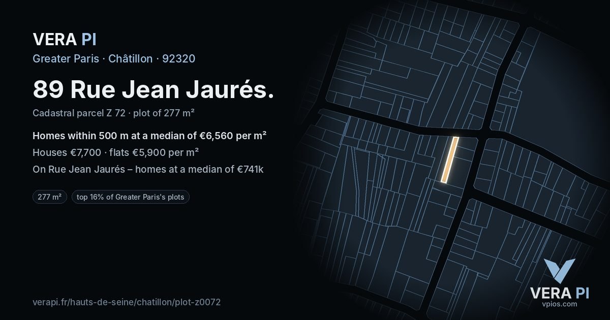 89 Rue Jean Jaurés, Châtillon at night – the plot lit, the parcels around coloured by the prices near them