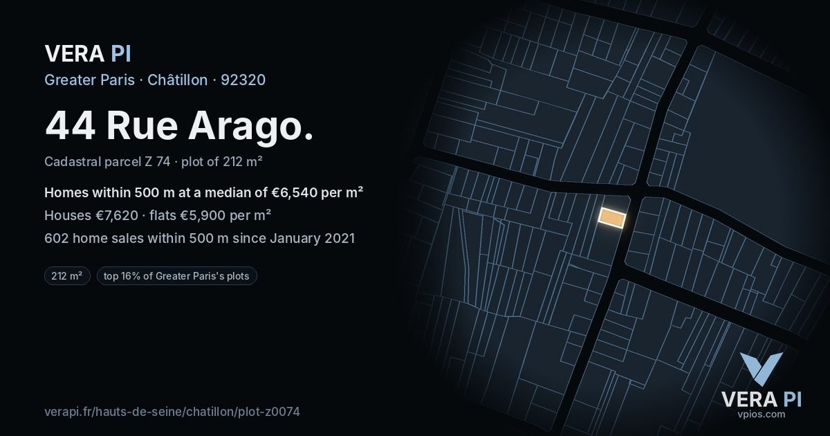 44 Rue Arago, Châtillon at night – the plot lit, the parcels around coloured by the prices near them