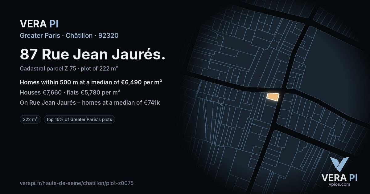 87 Rue Jean Jaurés, Châtillon at night – the plot lit, the parcels around coloured by the prices near them