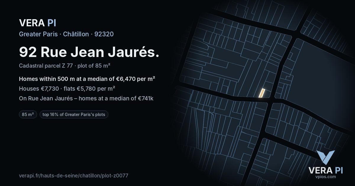 92 Rue Jean Jaurés, Châtillon at night – the plot lit, the parcels around coloured by the prices near them