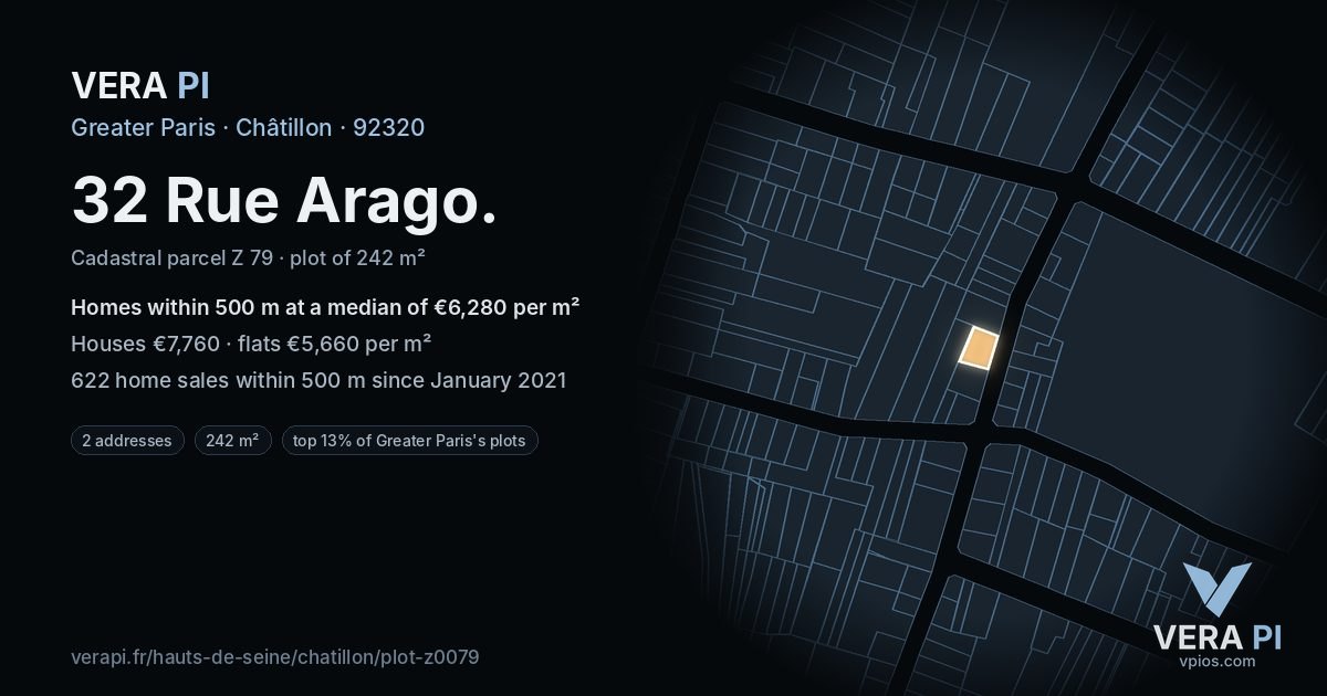 32 Rue Arago, Châtillon at night – the plot lit, the parcels around coloured by the prices near them