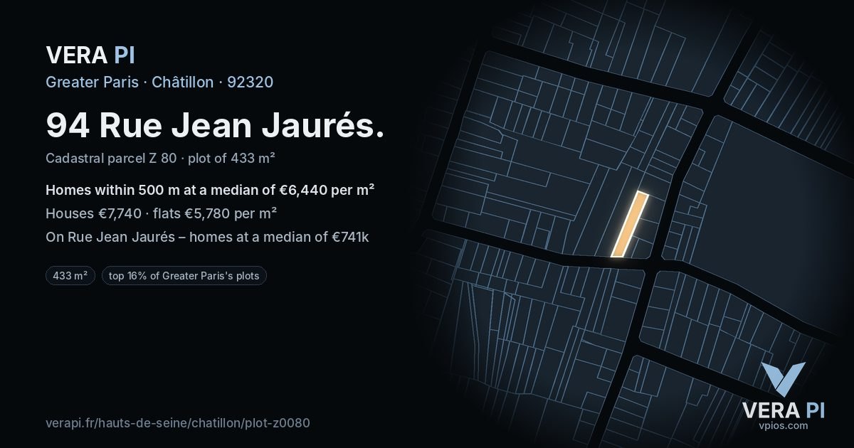 94 Rue Jean Jaurés, Châtillon at night – the plot lit, the parcels around coloured by the prices near them