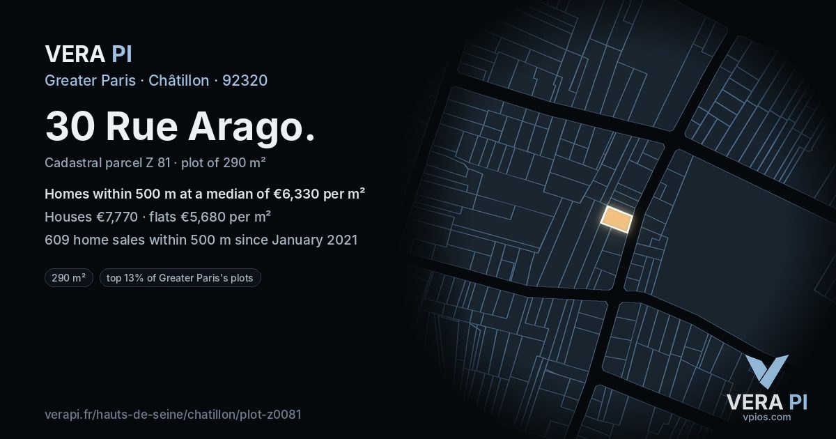 30 Rue Arago, Châtillon at night – the plot lit, the parcels around coloured by the prices near them
