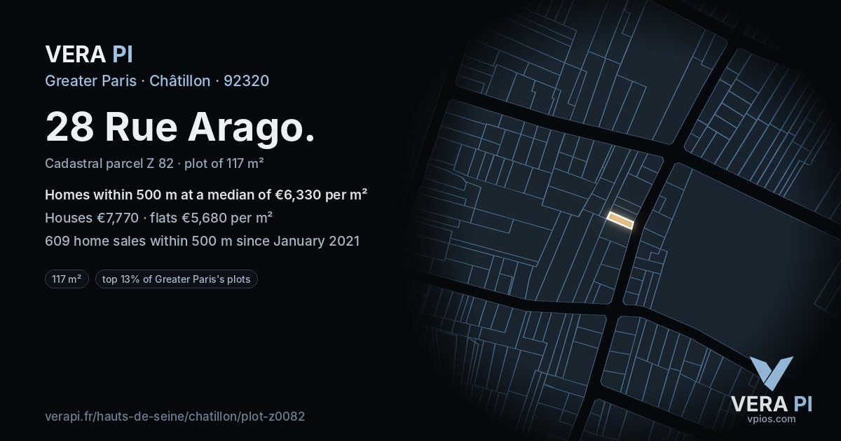 28 Rue Arago, Châtillon at night – the plot lit, the parcels around coloured by the prices near them