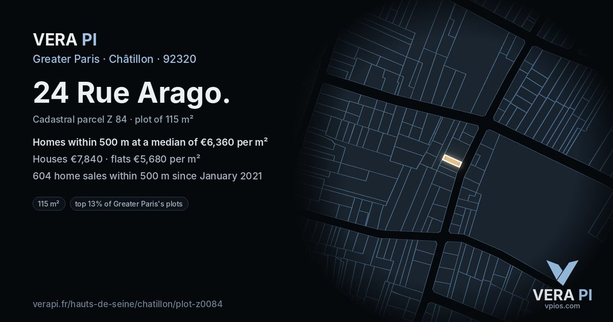 24 Rue Arago, Châtillon at night – the plot lit, the parcels around coloured by the prices near them
