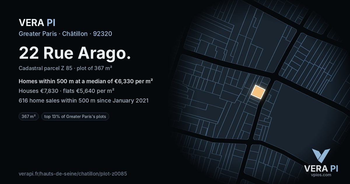 22 Rue Arago, Châtillon at night – the plot lit, the parcels around coloured by the prices near them