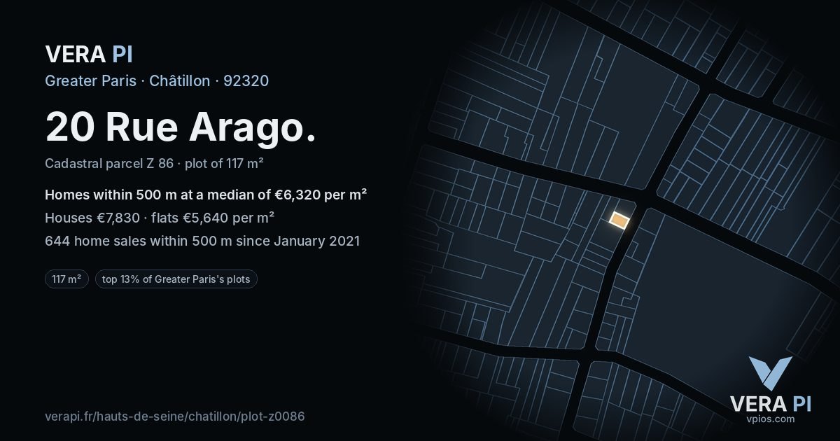 20 Rue Arago, Châtillon at night – the plot lit, the parcels around coloured by the prices near them