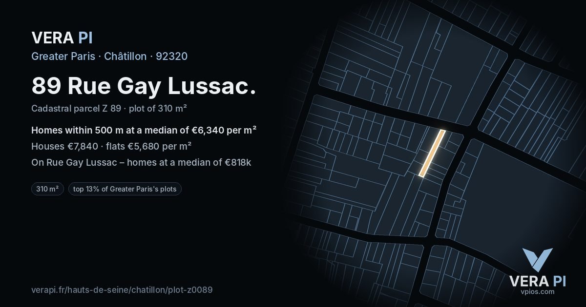 89 Rue Gay Lussac, Châtillon at night – the plot lit, the parcels around coloured by the prices near them