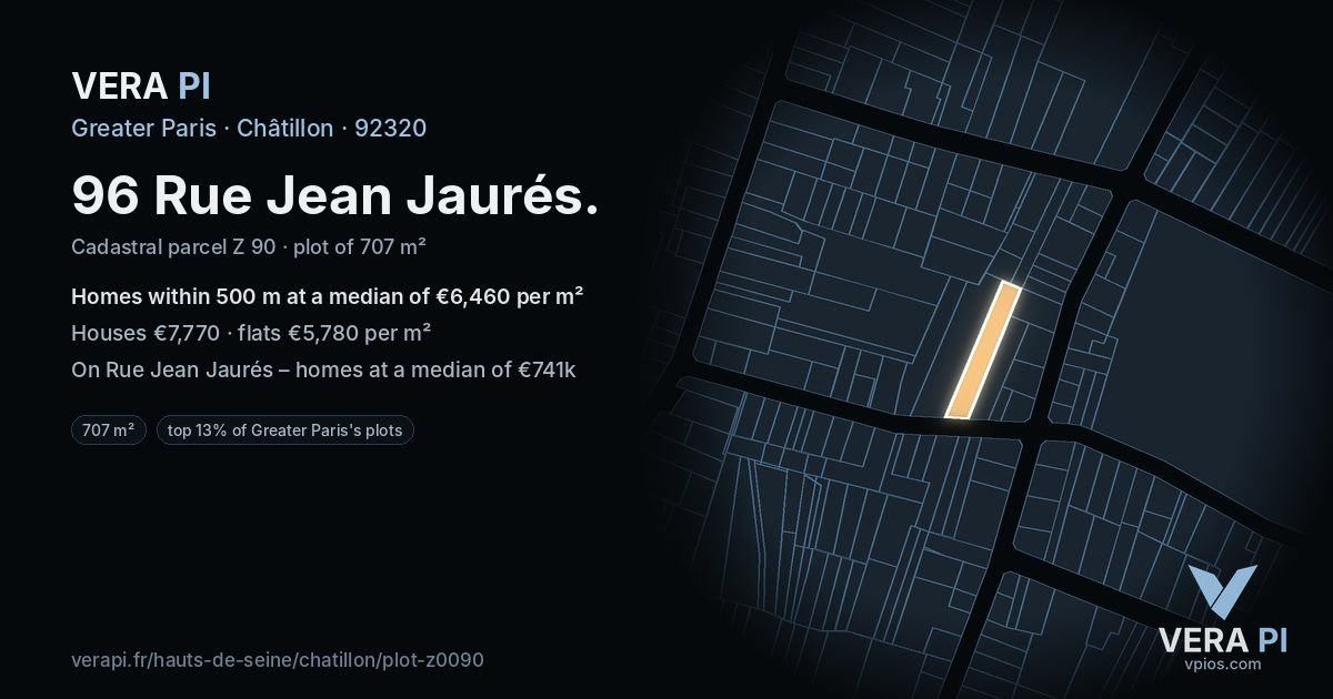 96 Rue Jean Jaurés, Châtillon at night – the plot lit, the parcels around coloured by the prices near them