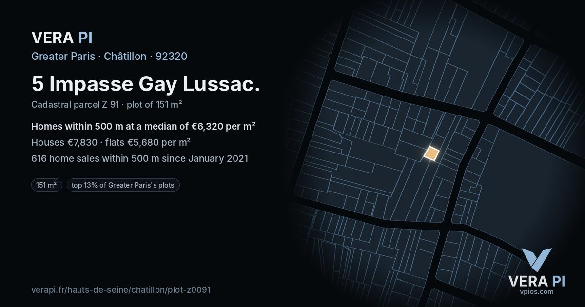 5 Impasse Gay Lussac, Châtillon at night – the plot lit, the parcels around coloured by the prices near them