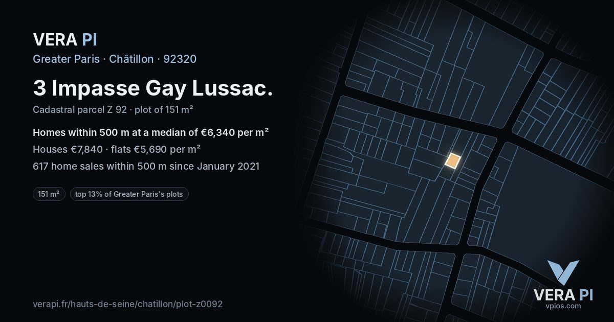 3 Impasse Gay Lussac, Châtillon at night – the plot lit, the parcels around coloured by the prices near them