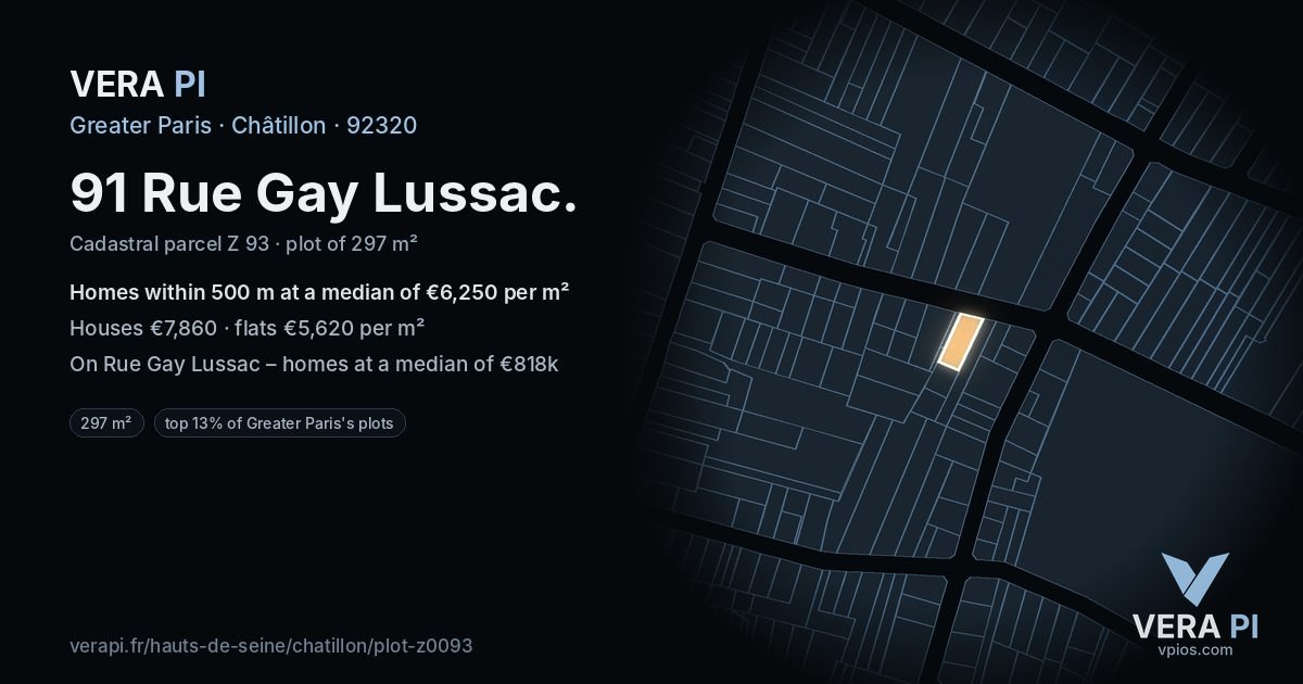 91 Rue Gay Lussac, Châtillon at night – the plot lit, the parcels around coloured by the prices near them