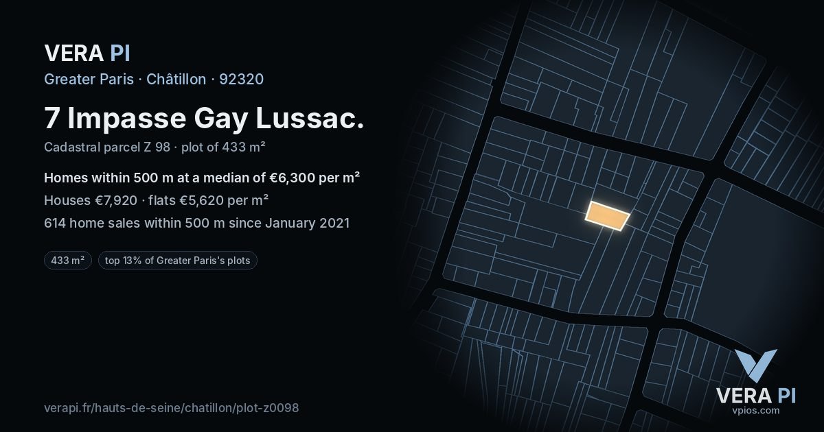 7 Impasse Gay Lussac, Châtillon at night – the plot lit, the parcels around coloured by the prices near them