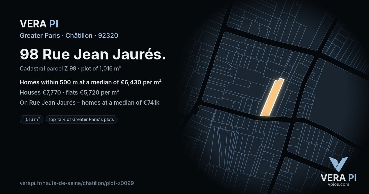 98 Rue Jean Jaurés, Châtillon at night – the plot lit, the parcels around coloured by the prices near them