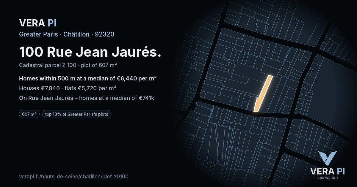 100 Rue Jean Jaurés, Châtillon at night – the plot lit, the parcels around coloured by the prices near them