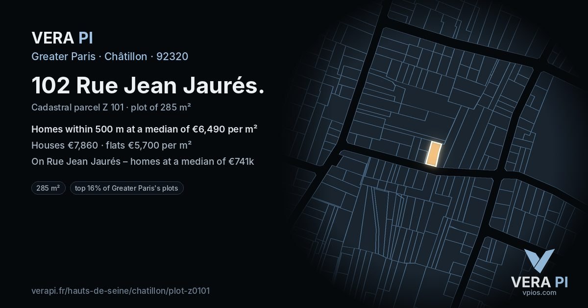 102 Rue Jean Jaurés, Châtillon at night – the plot lit, the parcels around coloured by the prices near them
