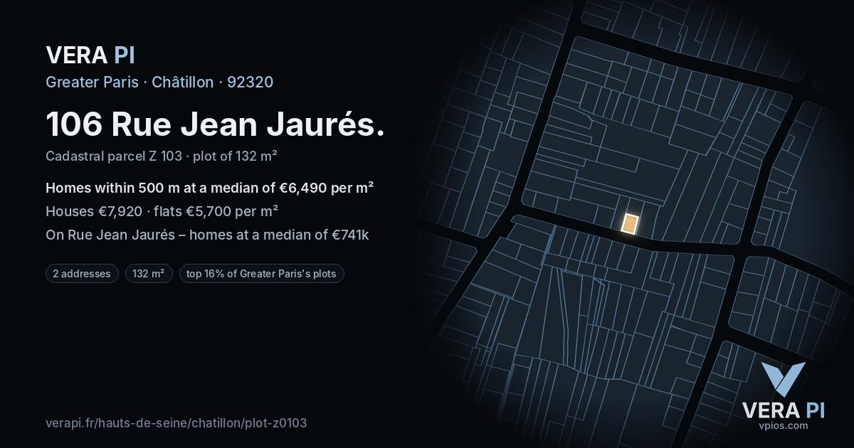106 Rue Jean Jaurés, Châtillon at night – the plot lit, the parcels around coloured by the prices near them
