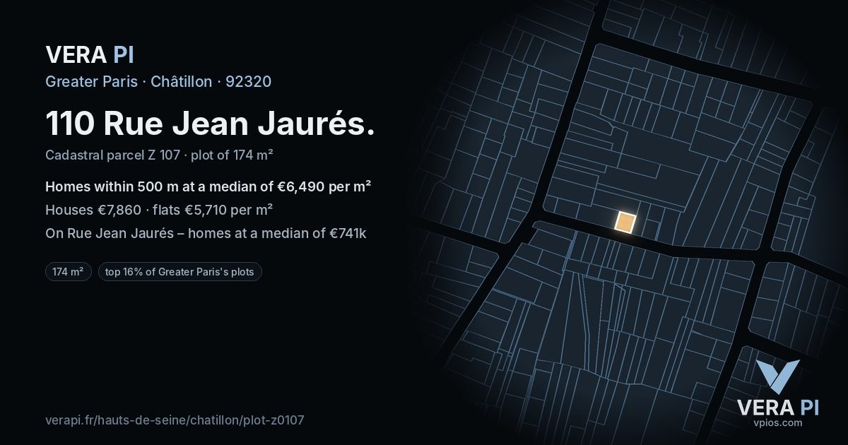 110 Rue Jean Jaurés, Châtillon at night – the plot lit, the parcels around coloured by the prices near them