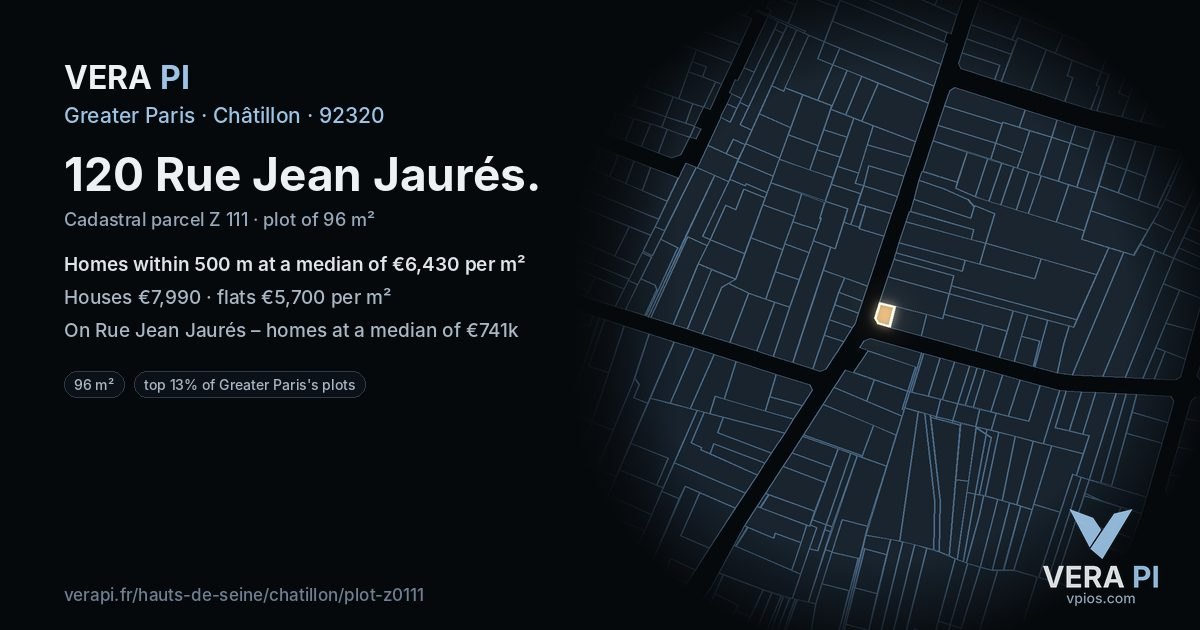 120 Rue Jean Jaurés, Châtillon at night – the plot lit, the parcels around coloured by the prices near them