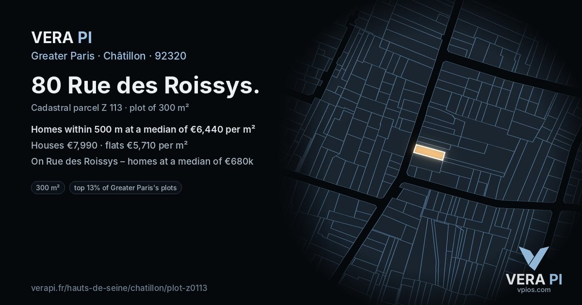 80 Rue des Roissys, Châtillon at night – the plot lit, the parcels around coloured by the prices near them