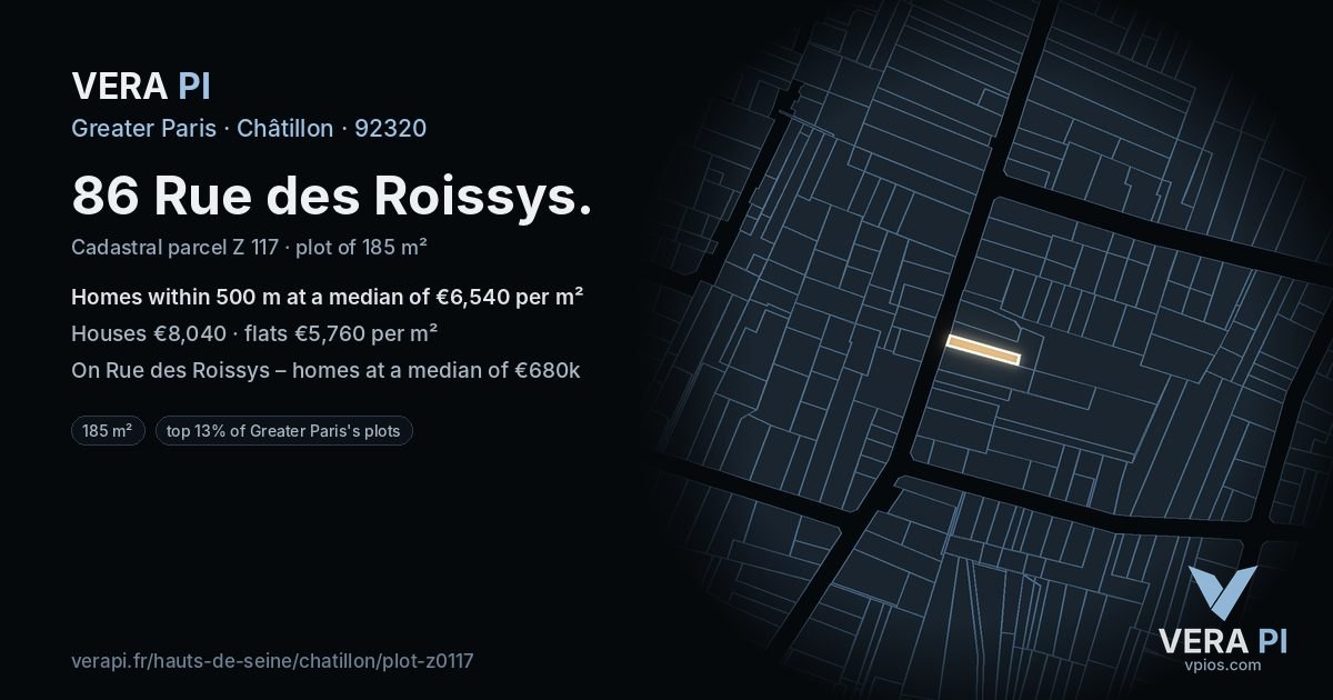 86 Rue des Roissys, Châtillon at night – the plot lit, the parcels around coloured by the prices near them