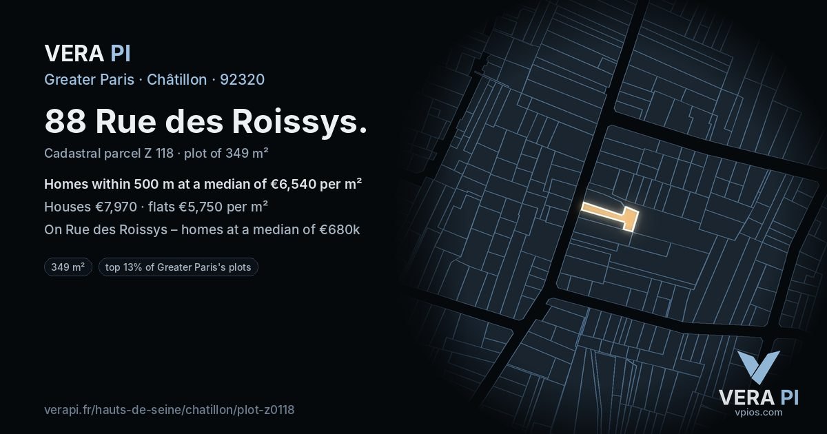 88 Rue des Roissys, Châtillon at night – the plot lit, the parcels around coloured by the prices near them