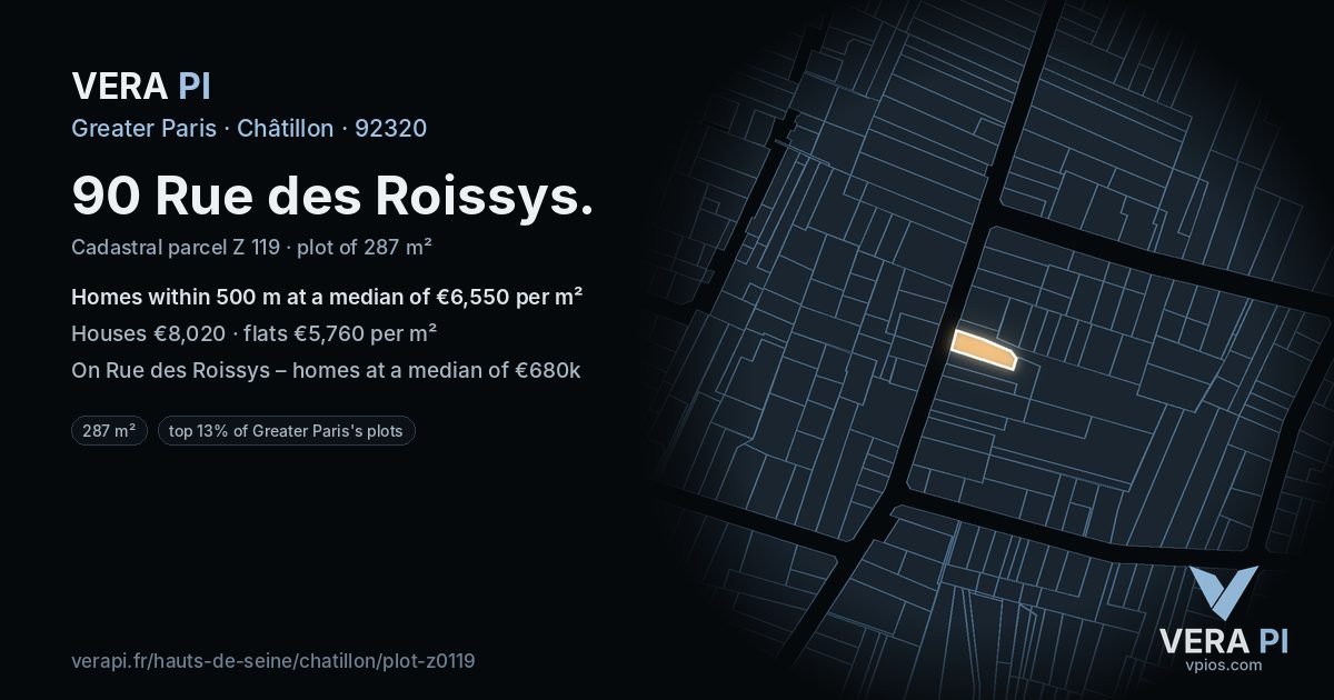 90 Rue des Roissys, Châtillon at night – the plot lit, the parcels around coloured by the prices near them