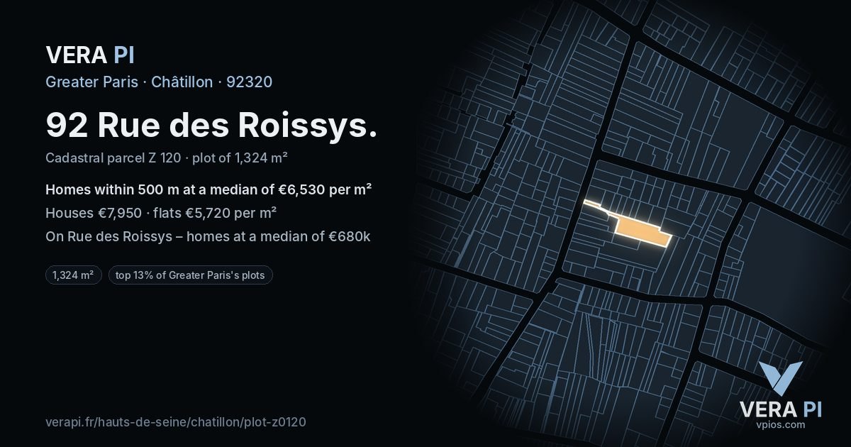 92 Rue des Roissys, Châtillon at night – the plot lit, the parcels around coloured by the prices near them