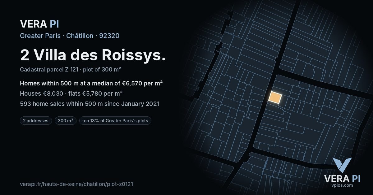 2 Villa des Roissys, Châtillon at night – the plot lit, the parcels around coloured by the prices near them