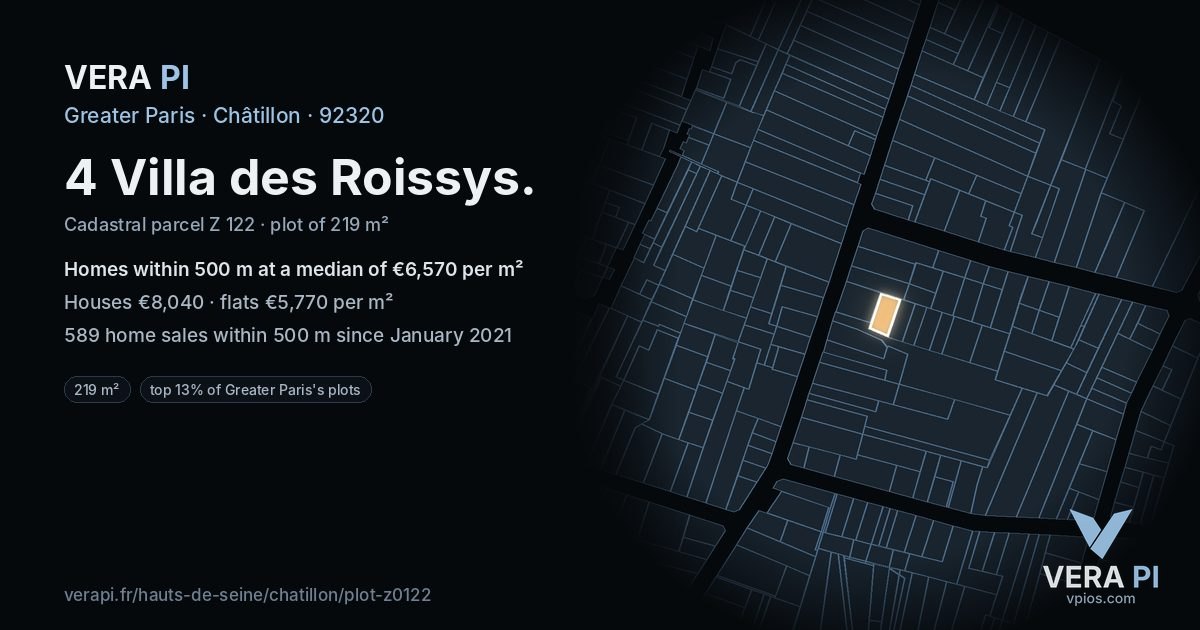 4 Villa des Roissys, Châtillon at night – the plot lit, the parcels around coloured by the prices near them
