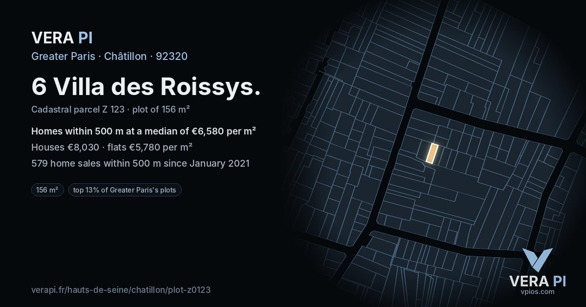 6 Villa des Roissys, Châtillon at night – the plot lit, the parcels around coloured by the prices near them