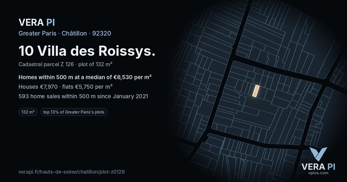 10 Villa des Roissys, Châtillon at night – the plot lit, the parcels around coloured by the prices near them