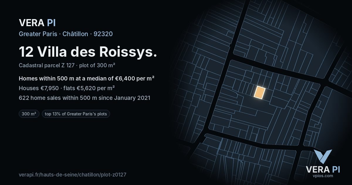 12 Villa des Roissys, Châtillon at night – the plot lit, the parcels around coloured by the prices near them