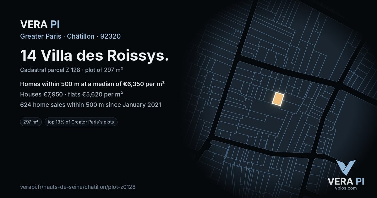 14 Villa des Roissys, Châtillon at night – the plot lit, the parcels around coloured by the prices near them