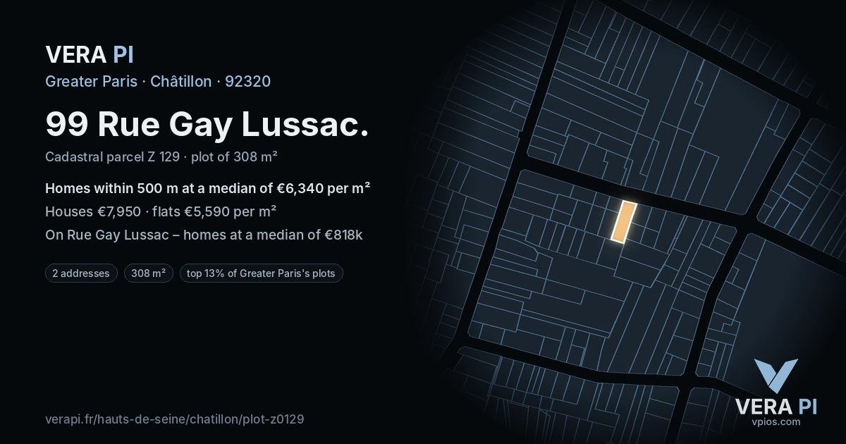 99 Rue Gay Lussac, Châtillon at night – the plot lit, the parcels around coloured by the prices near them