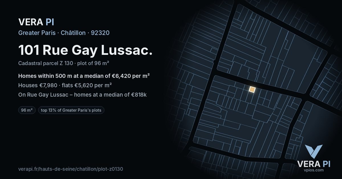 101 Rue Gay Lussac, Châtillon at night – the plot lit, the parcels around coloured by the prices near them
