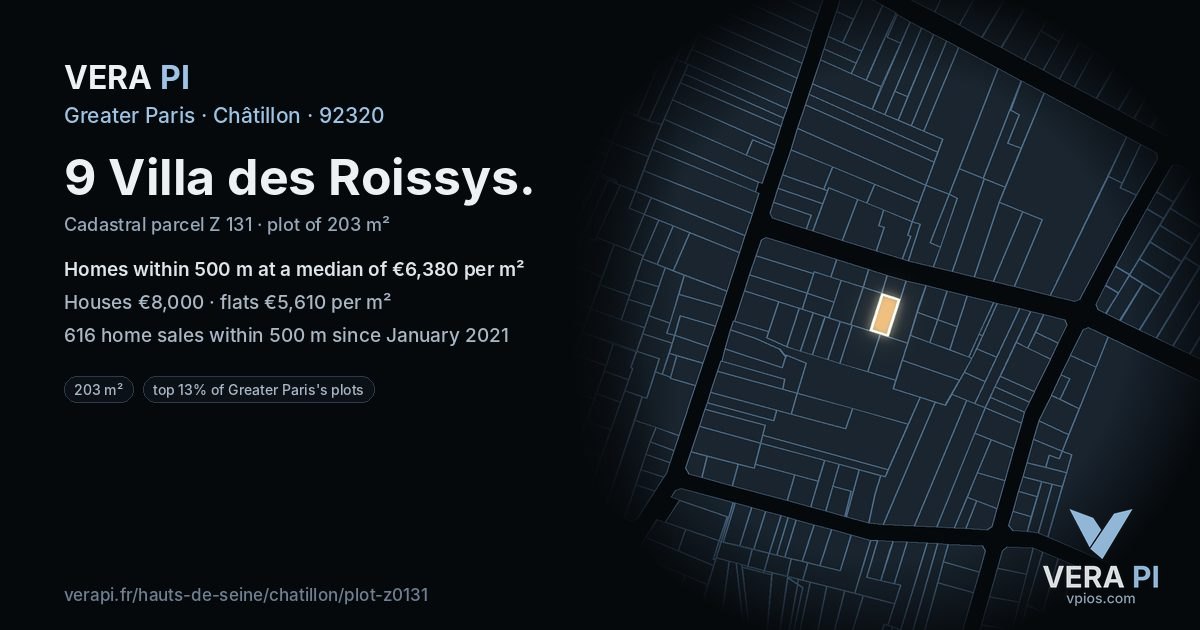 9 Villa des Roissys, Châtillon at night – the plot lit, the parcels around coloured by the prices near them