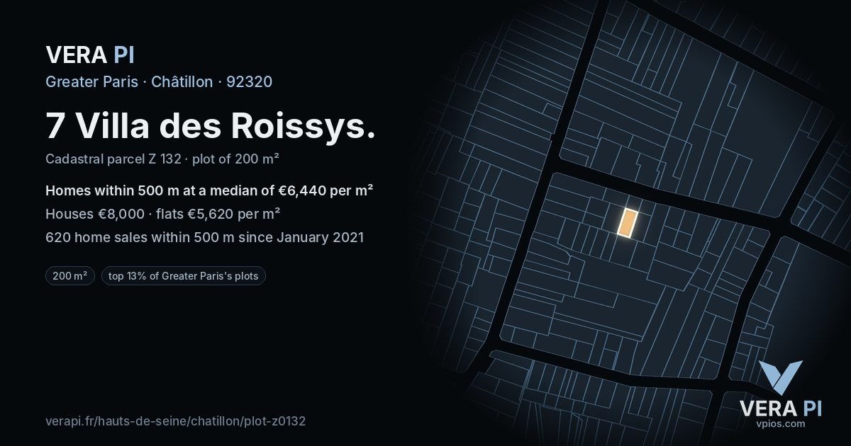 7 Villa des Roissys, Châtillon at night – the plot lit, the parcels around coloured by the prices near them