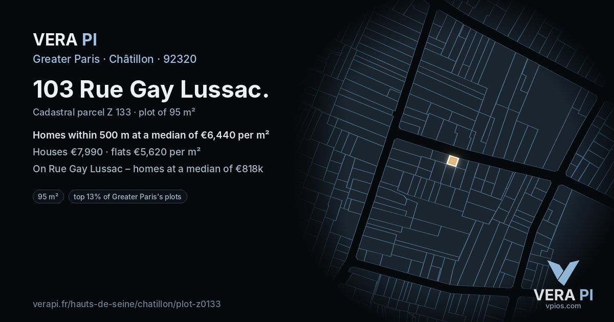 103 Rue Gay Lussac, Châtillon at night – the plot lit, the parcels around coloured by the prices near them