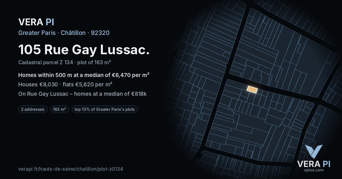 105 Rue Gay Lussac, Châtillon at night – the plot lit, the parcels around coloured by the prices near them