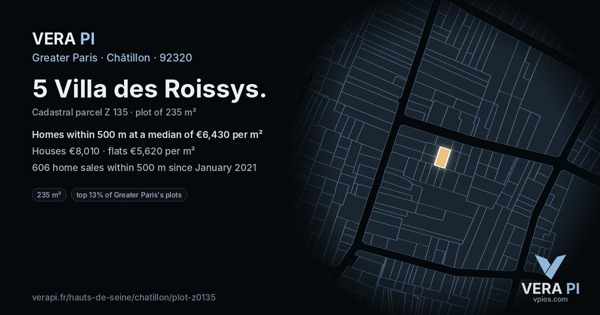 5 Villa des Roissys, Châtillon at night – the plot lit, the parcels around coloured by the prices near them