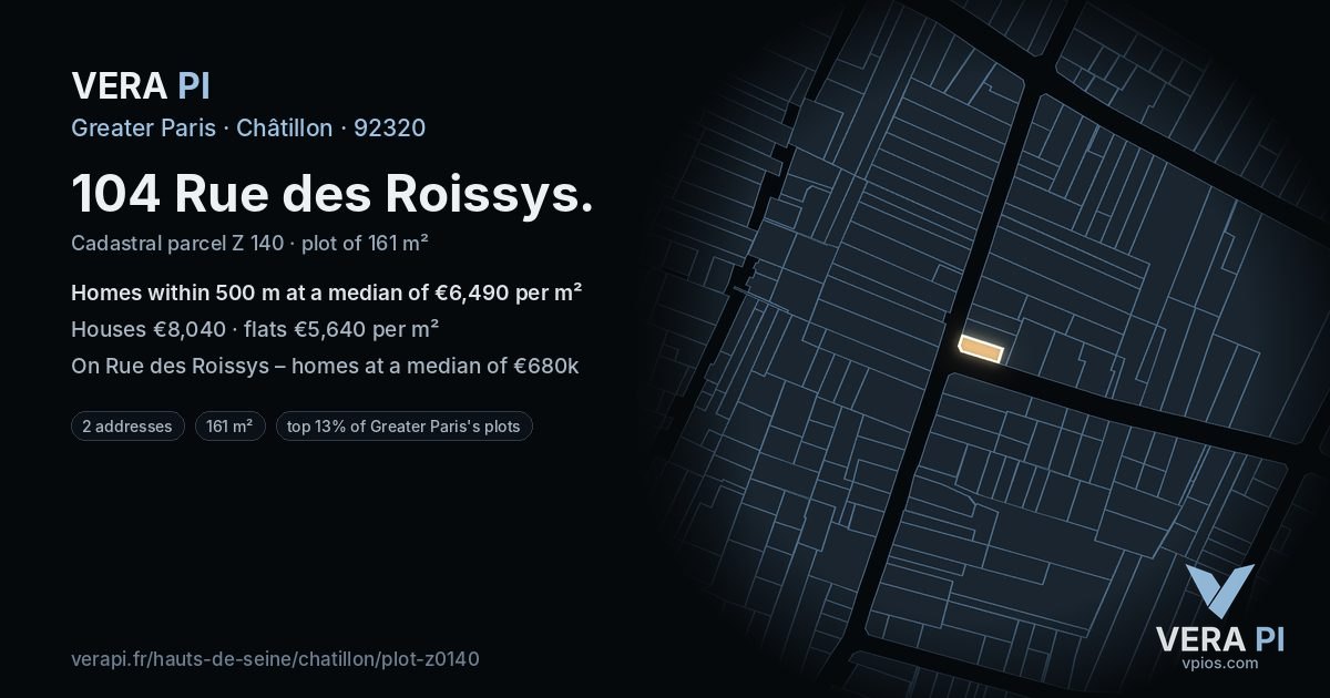 104 Rue des Roissys, Châtillon at night – the plot lit, the parcels around coloured by the prices near them