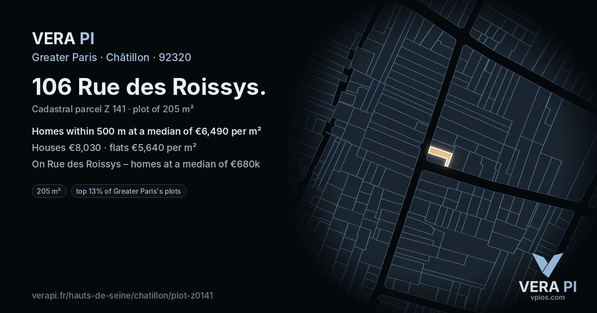 106 Rue des Roissys, Châtillon at night – the plot lit, the parcels around coloured by the prices near them