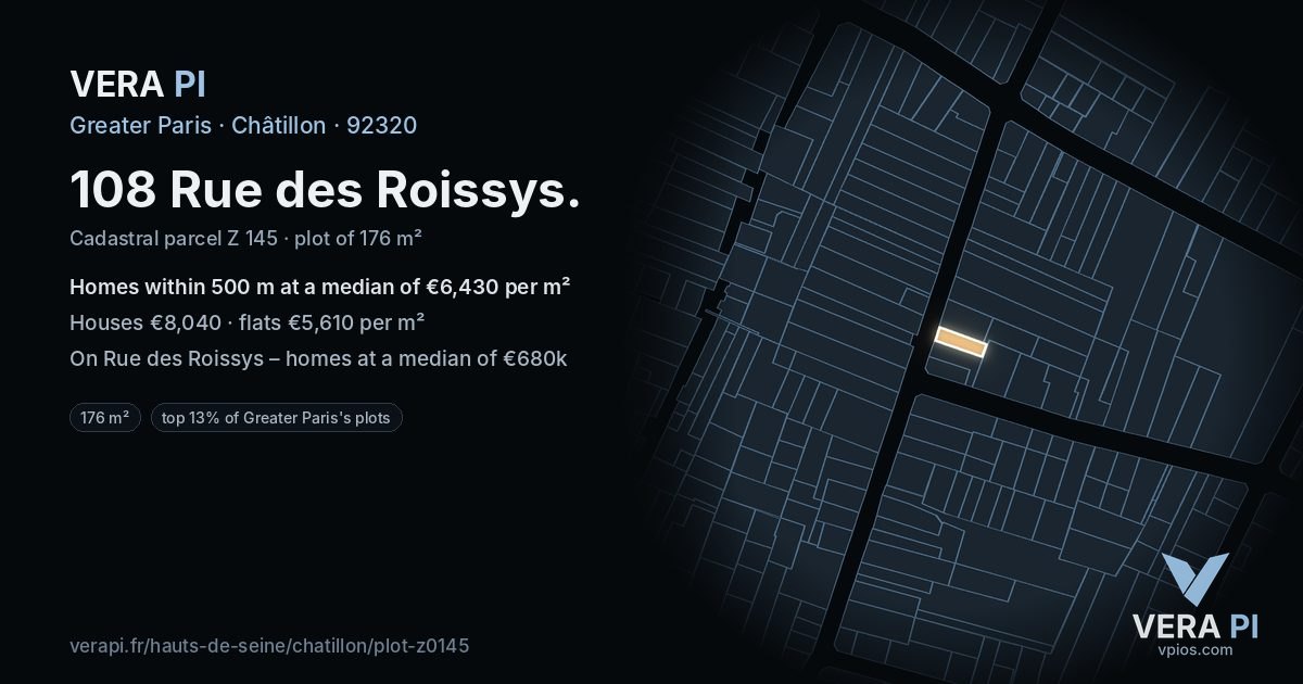 108 Rue des Roissys, Châtillon at night – the plot lit, the parcels around coloured by the prices near them