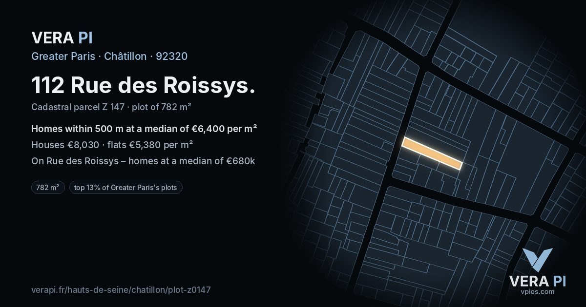 112 Rue des Roissys, Châtillon at night – the plot lit, the parcels around coloured by the prices near them