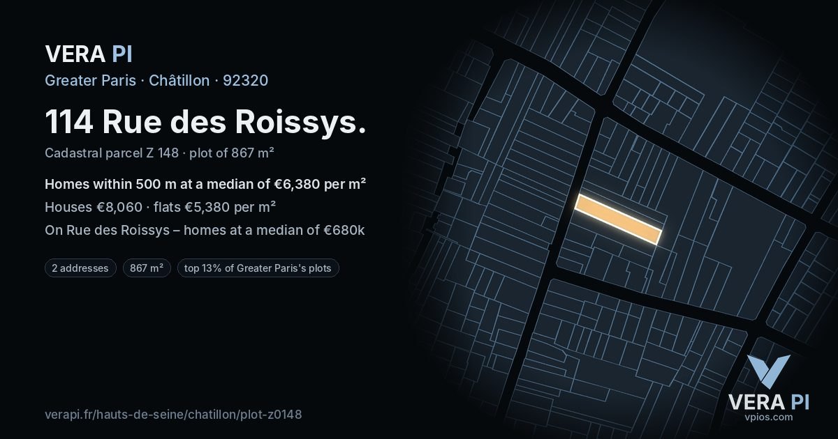 114 Rue des Roissys, Châtillon at night – the plot lit, the parcels around coloured by the prices near them