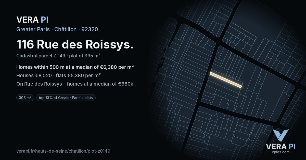 116 Rue des Roissys, Châtillon at night – the plot lit, the parcels around coloured by the prices near them